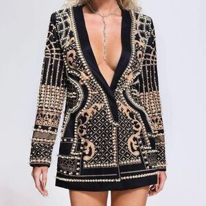 NWT Elegant Black Gold Bella Barnett Dole Pearl Blazer Dress Night Out Bold